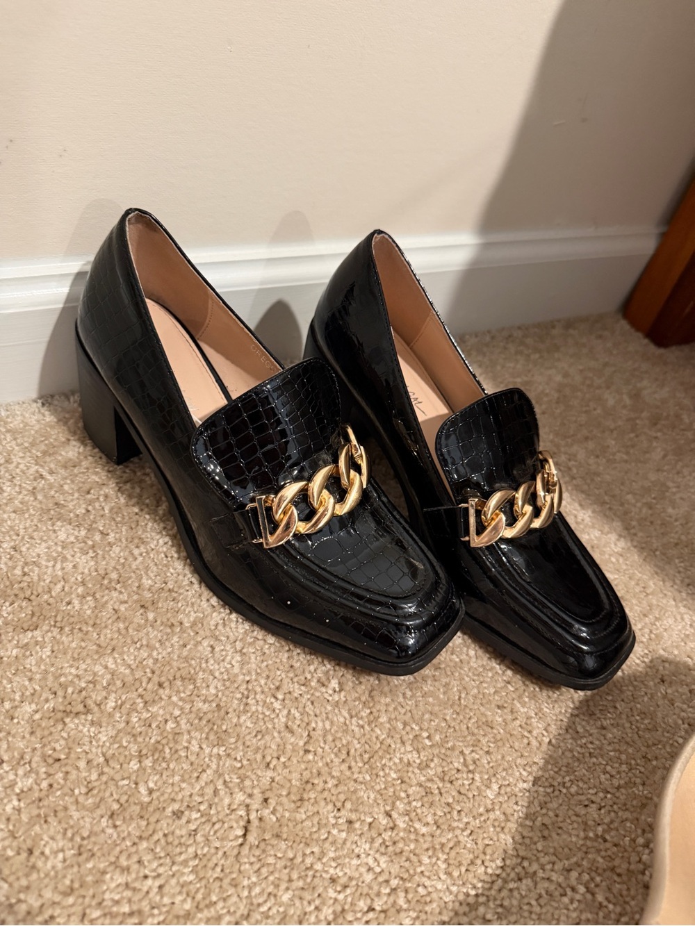 Nasty Gal Black Croc-Embossed Loafers with Gold Chain Trim